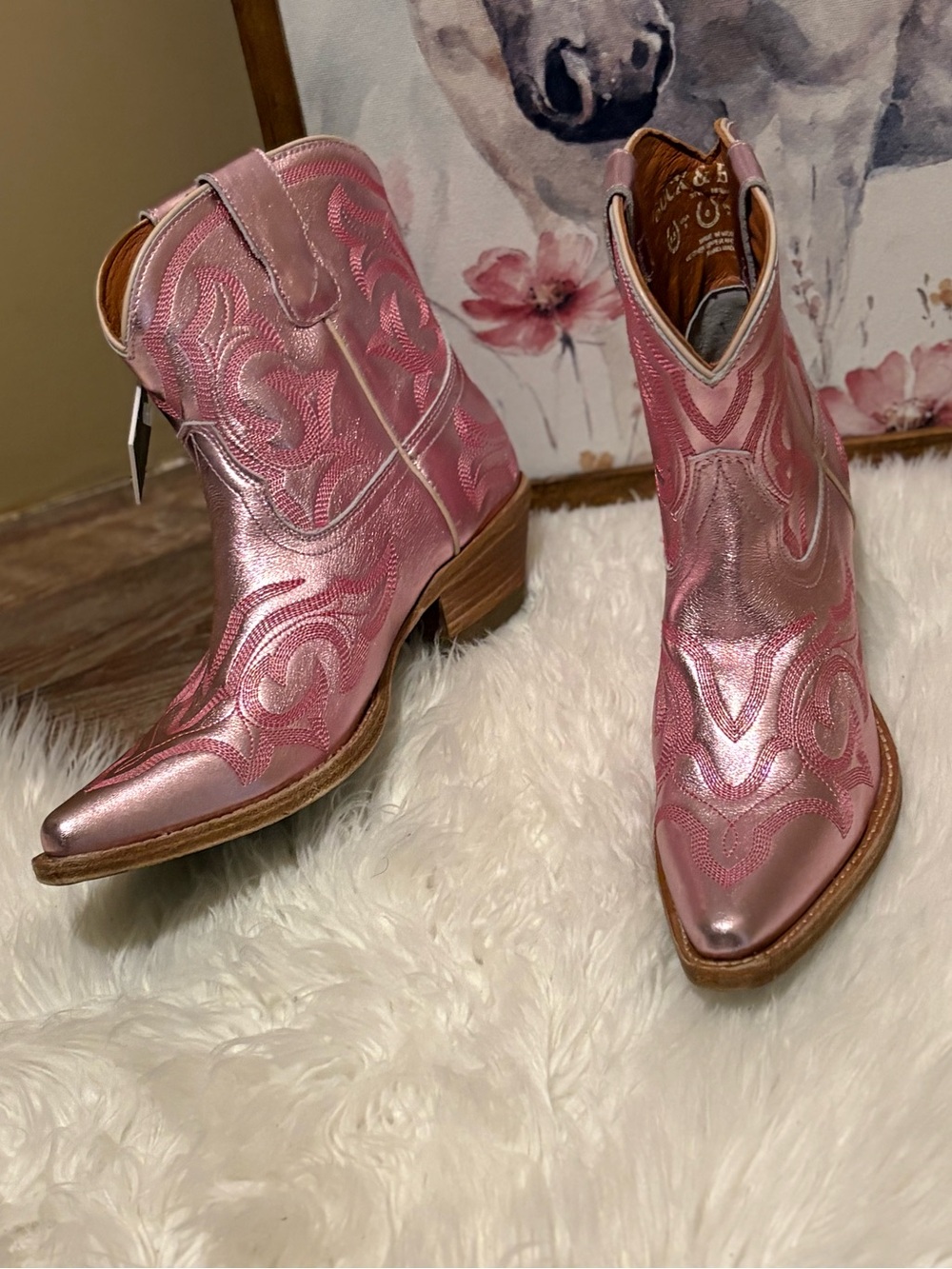 Metallic Pink Western Ankle Booties - Women's Stylish Cowboy Booties